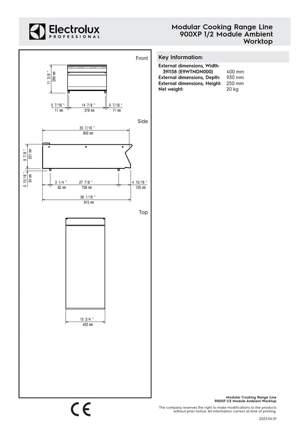 Electrolux Professional 900XP E9WTNDN000 - Neutral Worktop with Fixed Front