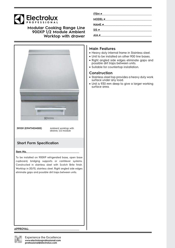 Electrolux Professional 900XP E9WTNDN00E - Neutral Worktop with Drawer