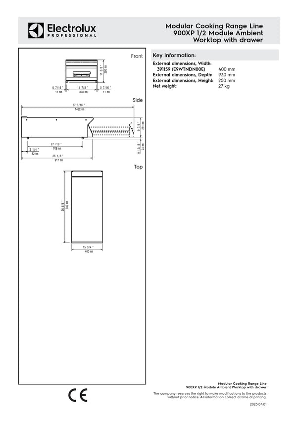 Electrolux Professional 900XP E9WTNDN00E - Neutral Worktop with Drawer