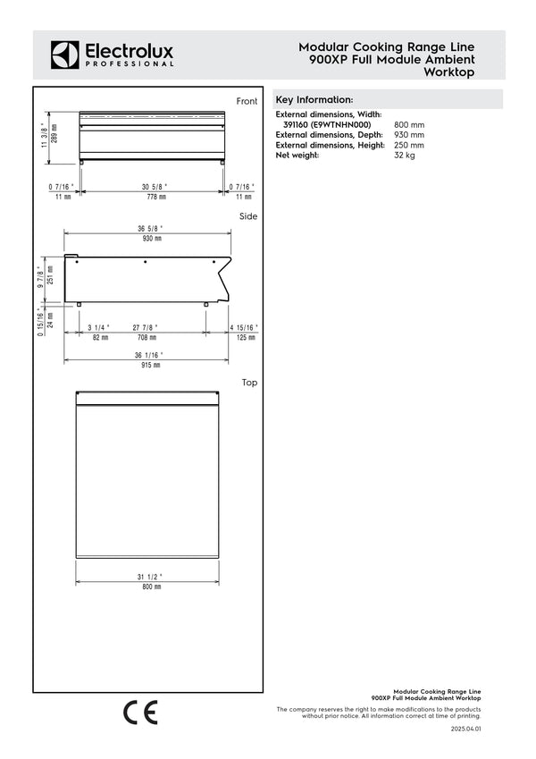 Electrolux Professional 900XP E9WTNHN000 - Neutral Worktop with Fixed Front