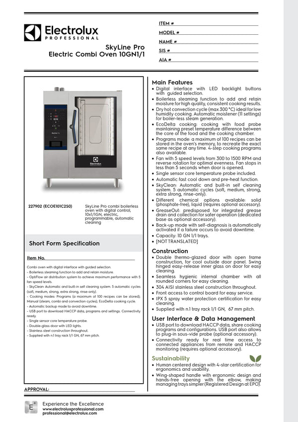 Electrolux Professional SkyLine Pro ECOE101C2S0 - 10 x 1/1GN Electric Direct Steam Combi Oven with Digital Controls