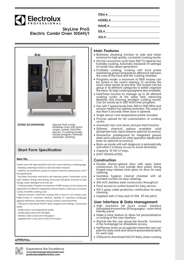 Electrolux Professional SkyLine ProS ECOE101K2S0 - 10 x 1/1GN Electric Direct Steam Combi Oven with Touch Controls