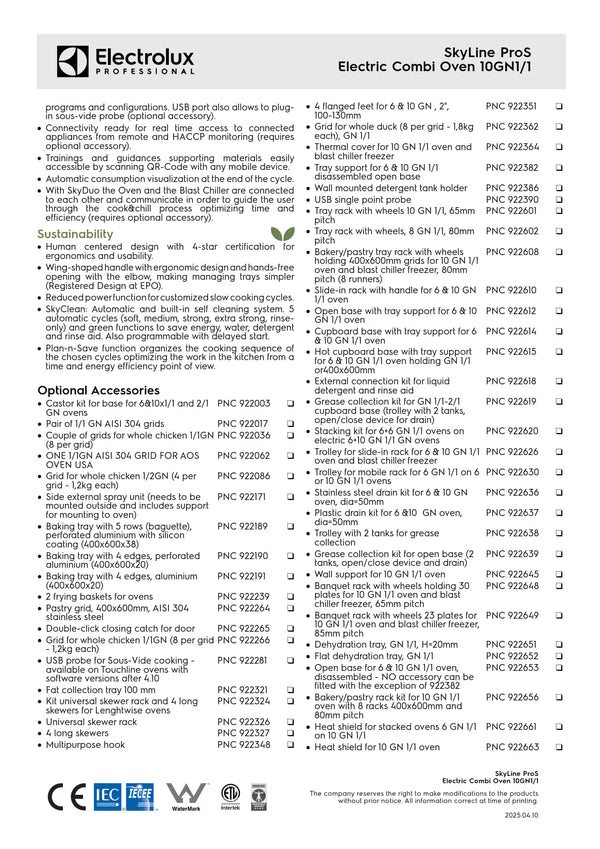 Electrolux Professional SkyLine ProS ECOE101K2S0 - 10 x 1/1GN Electric Direct Steam Combi Oven with Touch Controls