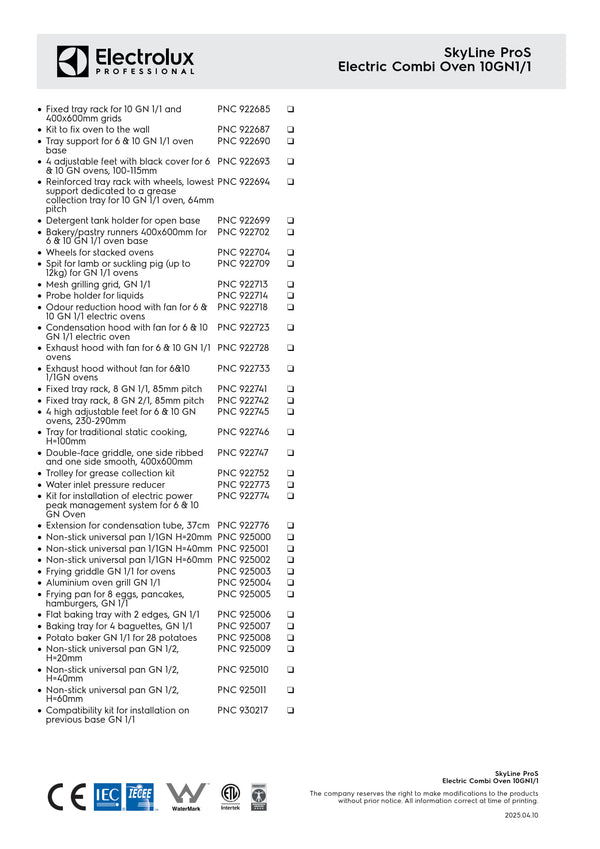 Electrolux Professional SkyLine ProS ECOE101K2S0 - 10 x 1/1GN Electric Direct Steam Combi Oven with Touch Controls