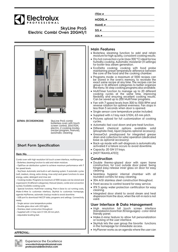 Electrolux Professional SkyLine ProS ECOE201K2S0 - 20 x 1/1GN Electric Direct Steam Combi Oven with Touch Controls