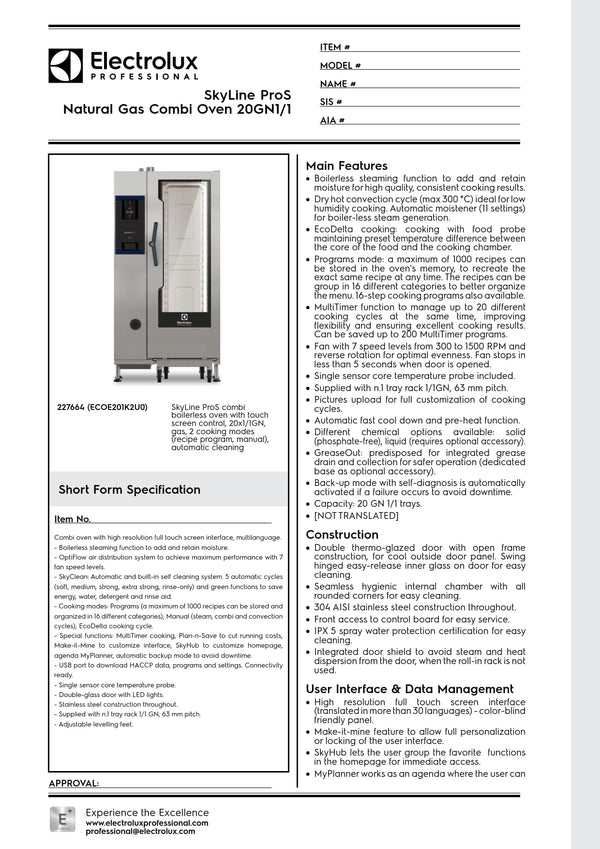 Electrolux Professional SkyLine ProS ECOE201K2U0 - 20 x 1/1GN Gas Direct Steam Combi Oven with Touch Controls