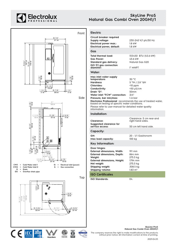 Electrolux Professional SkyLine ProS ECOE201K2U0 - 20 x 1/1GN Gas Direct Steam Combi Oven with Touch Controls