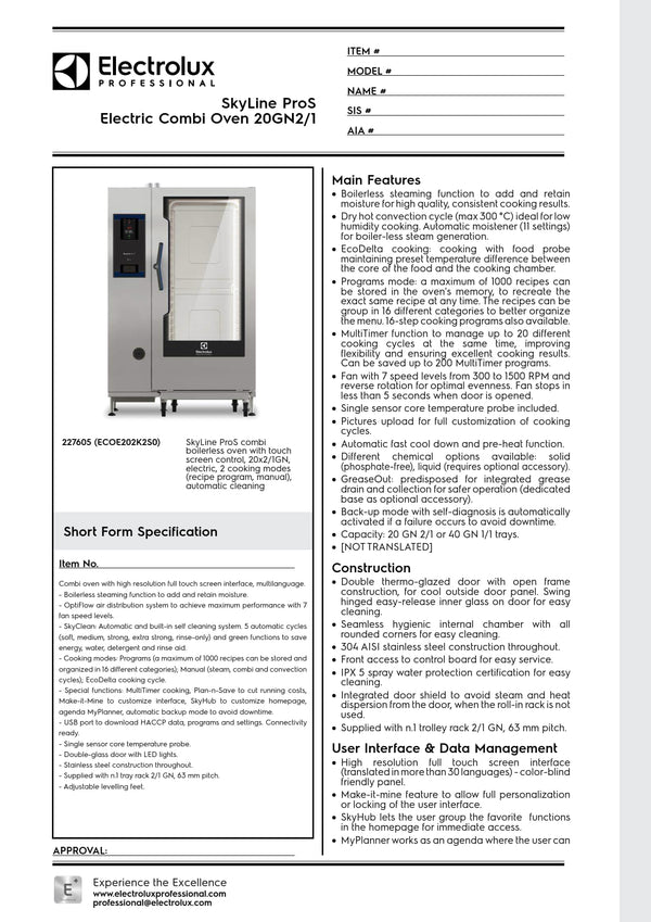Electrolux Professional SkyLine ProS ECOE202K2S0 - 20 x 2/1GN Electric Direct Steam Combi Oven with Touch Controls