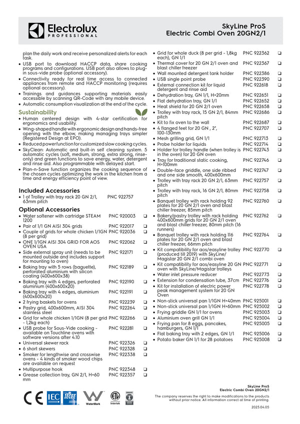 Electrolux Professional SkyLine ProS ECOE202K2S0 - 20 x 2/1GN Electric Direct Steam Combi Oven with Touch Controls