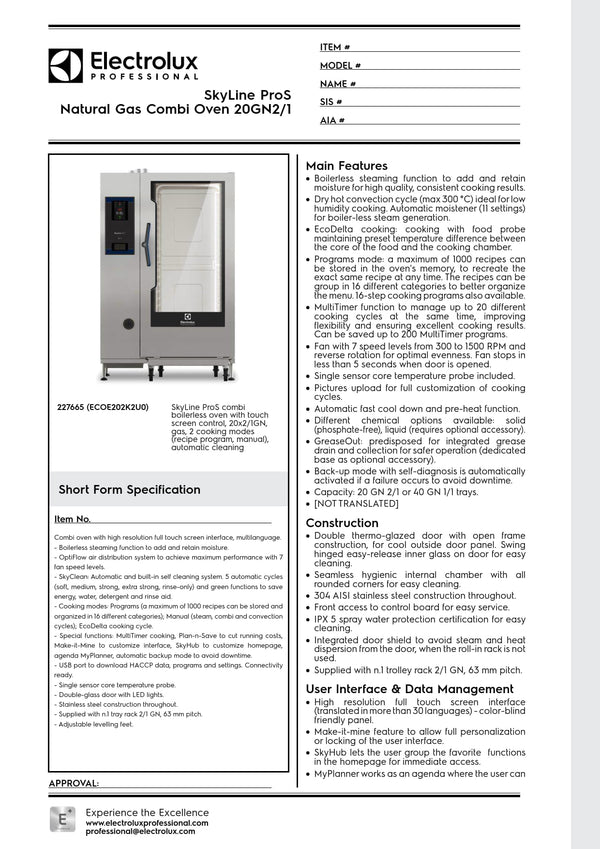 Electrolux Professional SkyLine ProS ECOE202K2U0 - 20 x 2/1GN Gas Direct Steam Combi Oven with Touch Controls