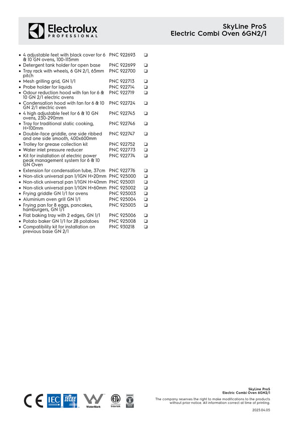 Electrolux Professional SkyLine ProS ECOE62K2S0 - 6 x 2/1GN Electric Direct Steam Combi Oven with Touch Controls