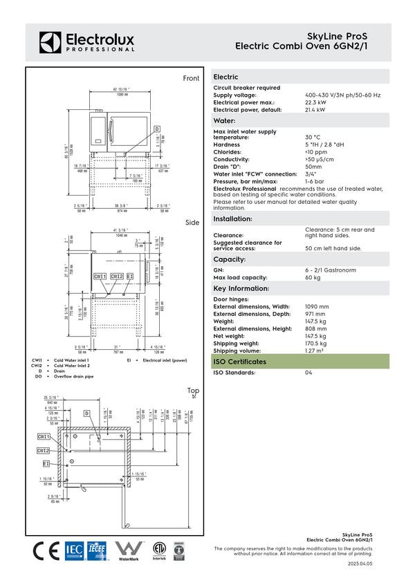 Electrolux Professional SkyLine ProS ECOE62K2S0 - 6 x 2/1GN Electric Direct Steam Combi Oven with Touch Controls