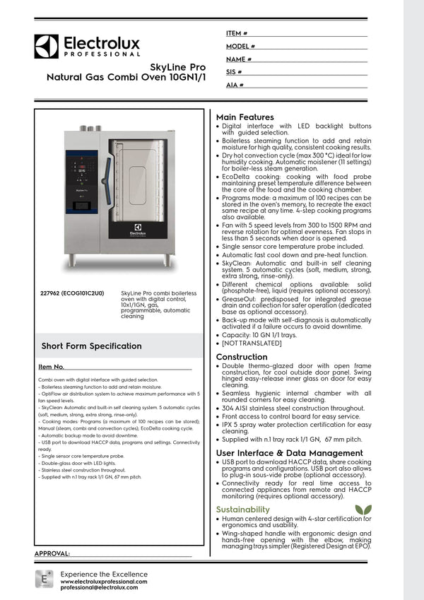 Electrolux Professional SkyLine Pro ECOG101C2U0 - 10 x 1/1GN Gas Direct Steam Combi Oven with Digital Controls