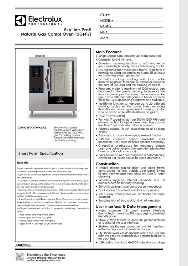 Electrolux Professional SkyLine ProS ECOG101K2U0 - 10 x 1/1GN Gas Direct Steam Combi Oven with Touch Controls
