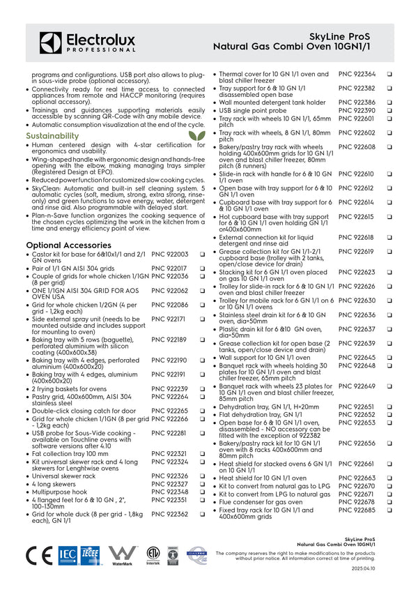Electrolux Professional SkyLine ProS ECOG101K2U0 - 10 x 1/1GN Gas Direct Steam Combi Oven with Touch Controls