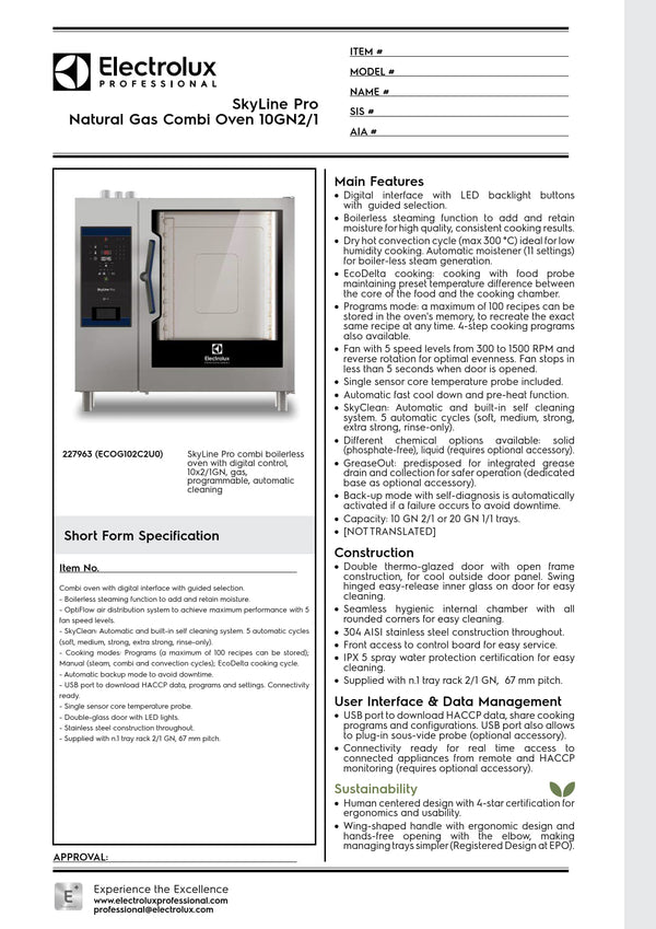 Electrolux Professional SkyLine Pro ECOG102C2U0 - 10 x 2/1GN Gas Direct Steam Combi Oven with Digital Controls