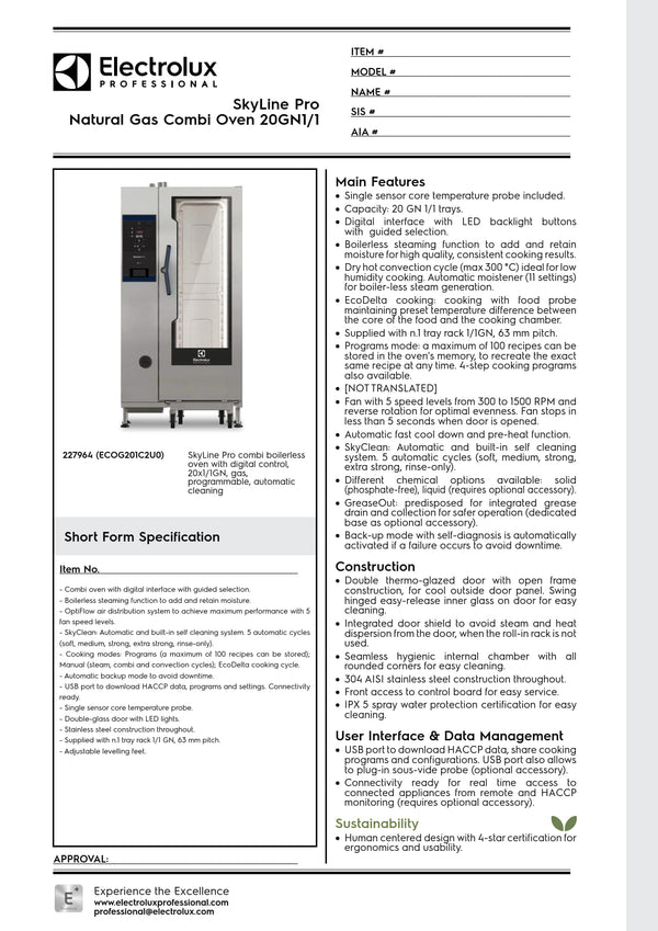 Electrolux Professional SkyLine Pro ECOG201C2U0 - 20 x 1/1GN Gas Direct Steam Combi Oven with Digital Controls