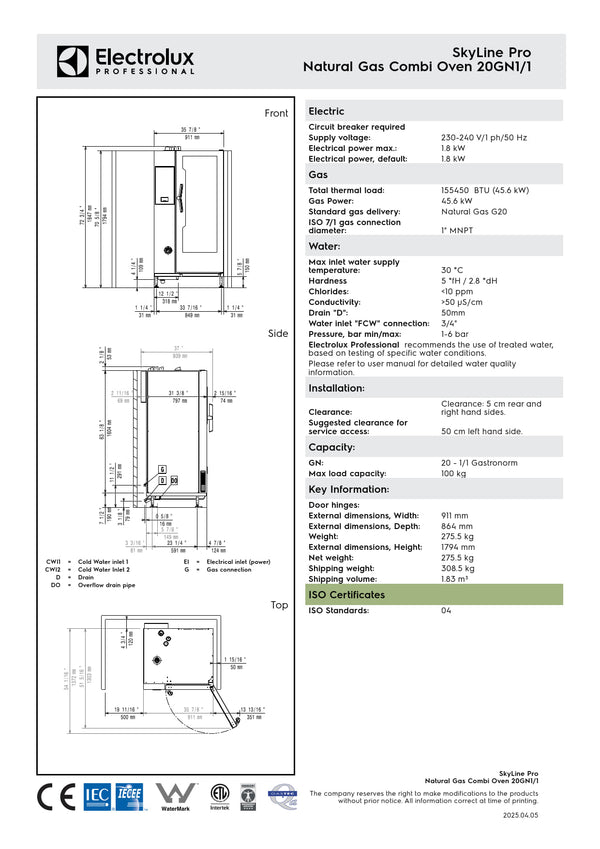 Electrolux Professional SkyLine Pro ECOG201C2U0 - 20 x 1/1GN Gas Direct Steam Combi Oven with Digital Controls
