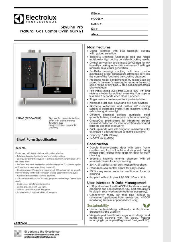 Electrolux Professional SkyLine Pro ECOG61C2U0 - 6 x 1/1GN Gas Direct Steam Combi Oven with Digital Controls