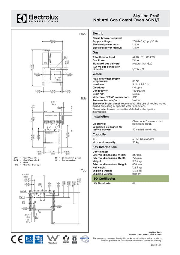 Electrolux Professional SkyLine ProS ECOG61K2U0 - 6 x 1/1GN Gas Direct Steam Combi Oven with Touch Controls