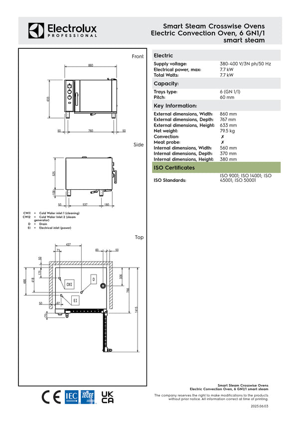 Electrolux Professional CROSSWISE EFCE61SSDS - 6 x 1/1GN Electric Convention Oven with Smart Steam