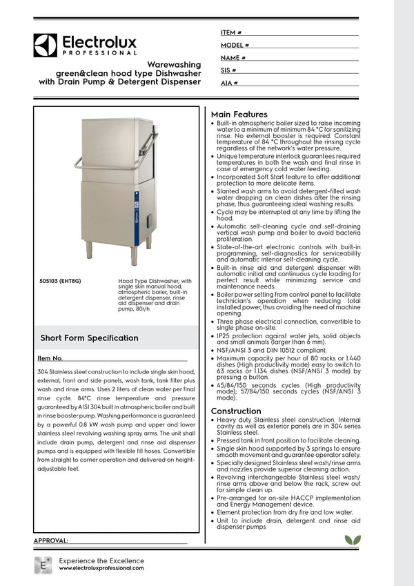 Electrolux Professional green&clean EHT8G - Hood Type Dishwasher