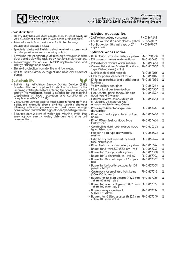 Electrolux Professional green&clean EHT8IELG - Hood Type Dishwasher