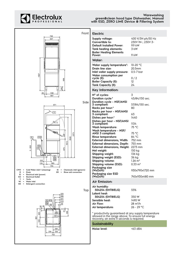 Electrolux Professional green&clean EHT8IELG - Hood Type Dishwasher