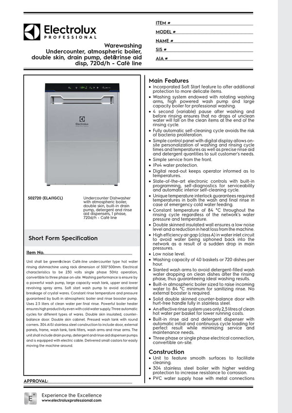 Electrolux Professional green&clean ELAI1GCL - Undercounter Dishwasher