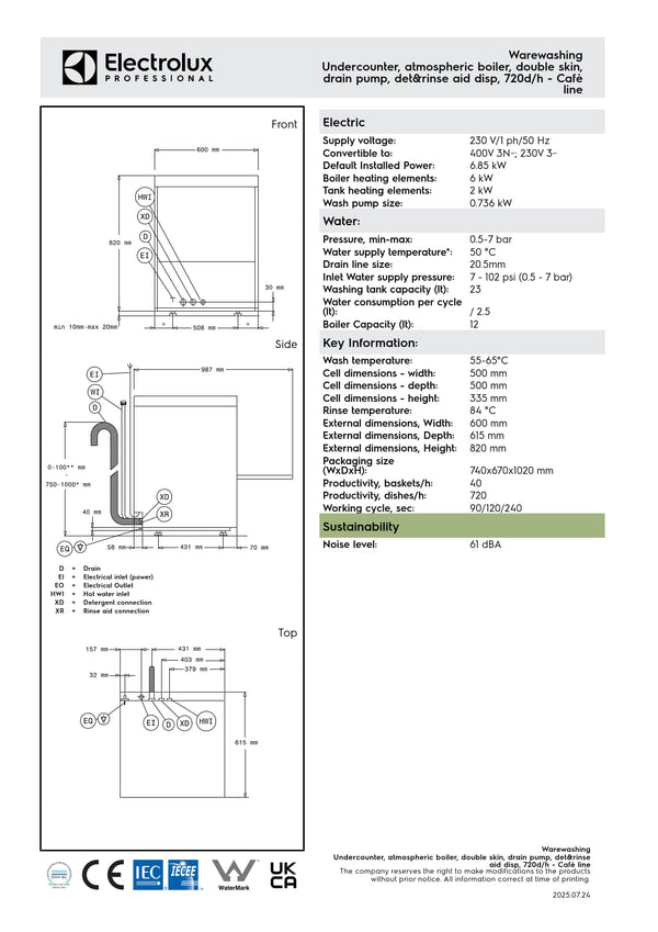 Electrolux Professional green&clean ELAI1GCL - Undercounter Dishwasher