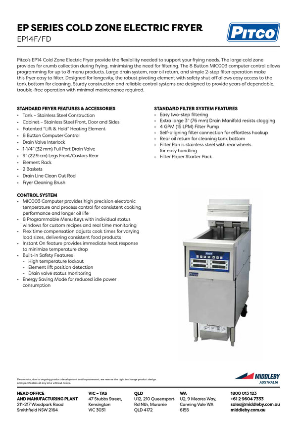 Pitco EP Series EP14F/FD - Cold Zone Fryer