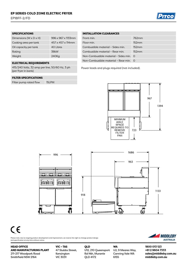 Pitco EP Series EP18FF-2/FD - Cold Zone Fryer