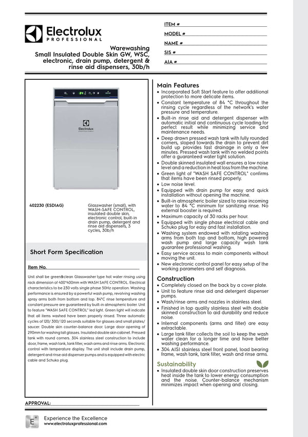 Electrolux Professional green&clean ESDIAG - Undercounter Glasswasher