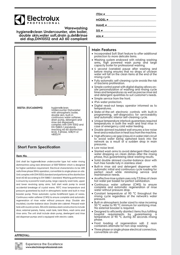 Electrolux Professional green&clean EUCA060WS - Undercounter Dishwasher