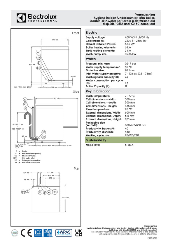 Electrolux Professional green&clean EUCA060WS - Undercounter Dishwasher