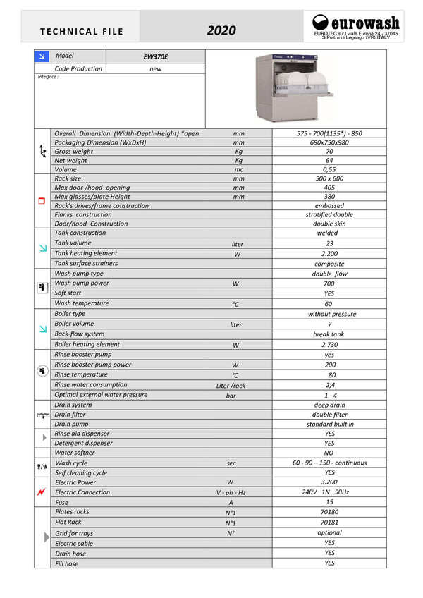 Eurowash E-Line EW370E - Undercounter Dishwasher