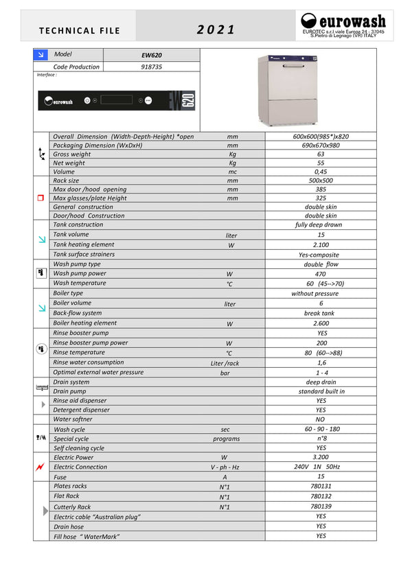 Eurowash TOP-Line EW620 - Undercounter Dishwasher