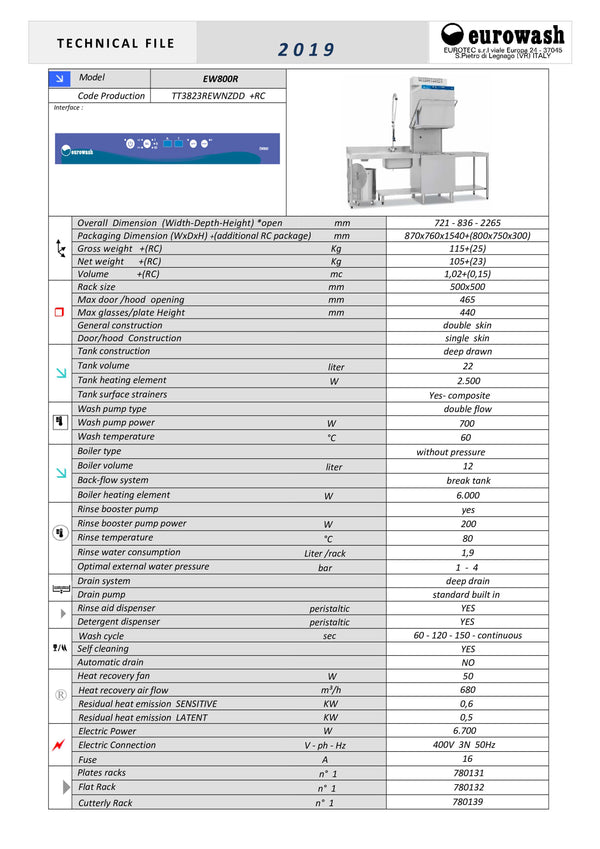 Eurowash E-Line EW800R - Pass Through Dishwasher