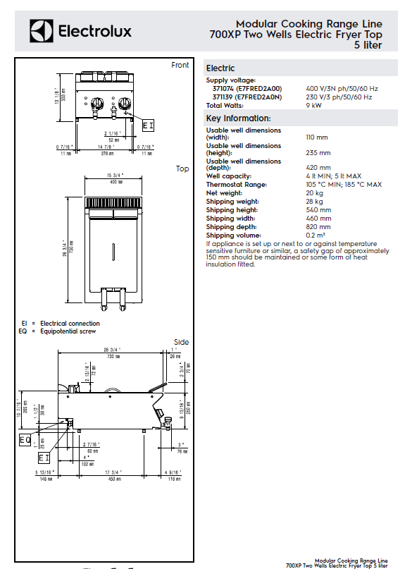 Electrolux E7FRED2A00 700 Series Electric Fryer + Cupboard Base