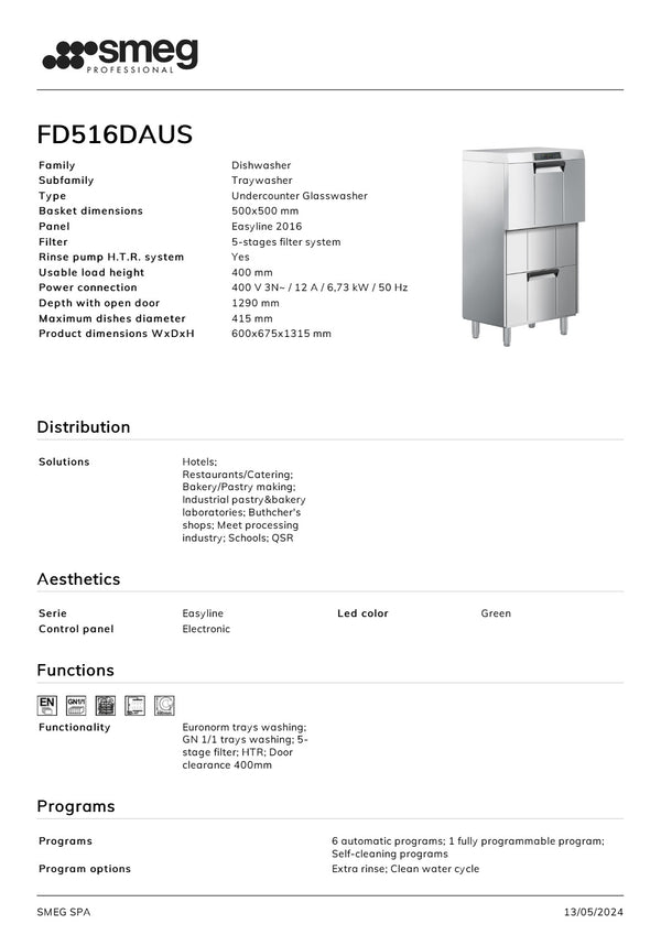 Smeg Professional Special Line FD516DAUS - Elevated Multi-Purpose Dishwasher