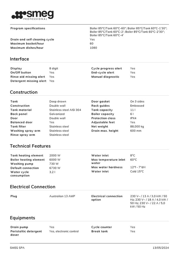 Smeg Professional Special Line FD516DAUS - Elevated Multi-Purpose Dishwasher