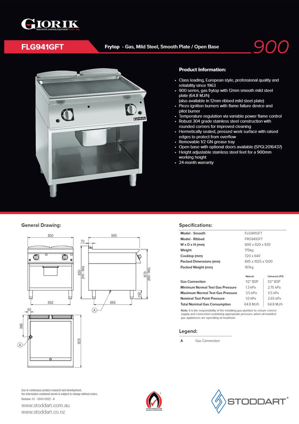 Giorik FRG941GFT - Griddle on Open Base