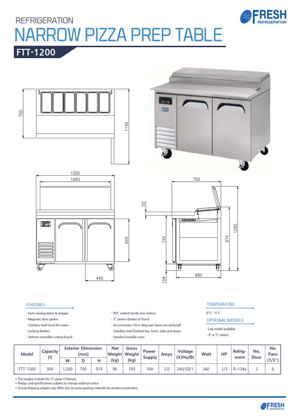 Fresh Refrigeration FTT-1200 - Narrow Pizza Prep Fridge