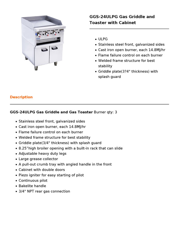 Gasmax GGS-24LPG - Griddle & Toaster with Cabinet