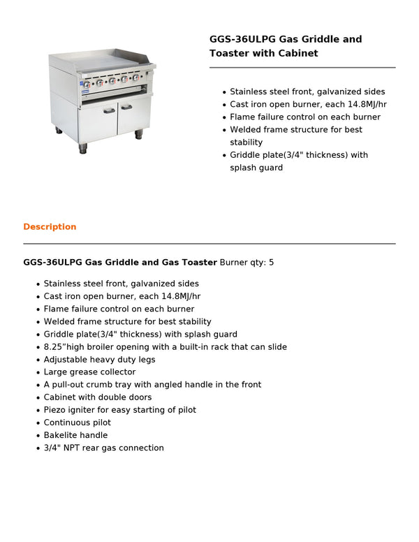 Gasmax GGS-36LPG - Griddle & Toaster with Cabinet