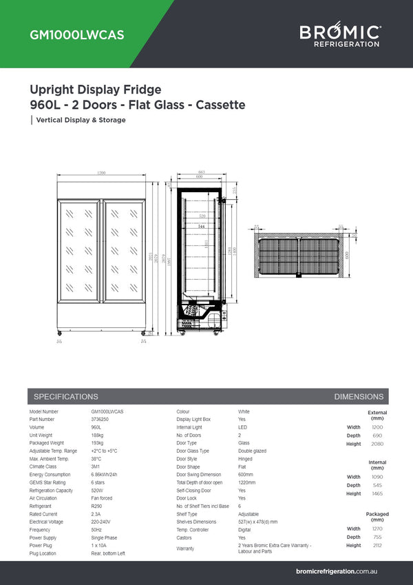Bromic GM1000LWCAS - Upright Display Fridge