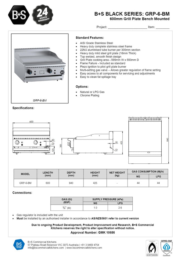 B+S Black GRP-6BM - Bench Mounted Grill Plate