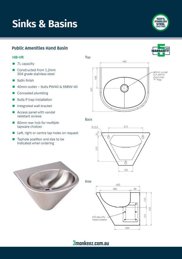 3Monkeez HB-VR - Public Amenities Hand Basin