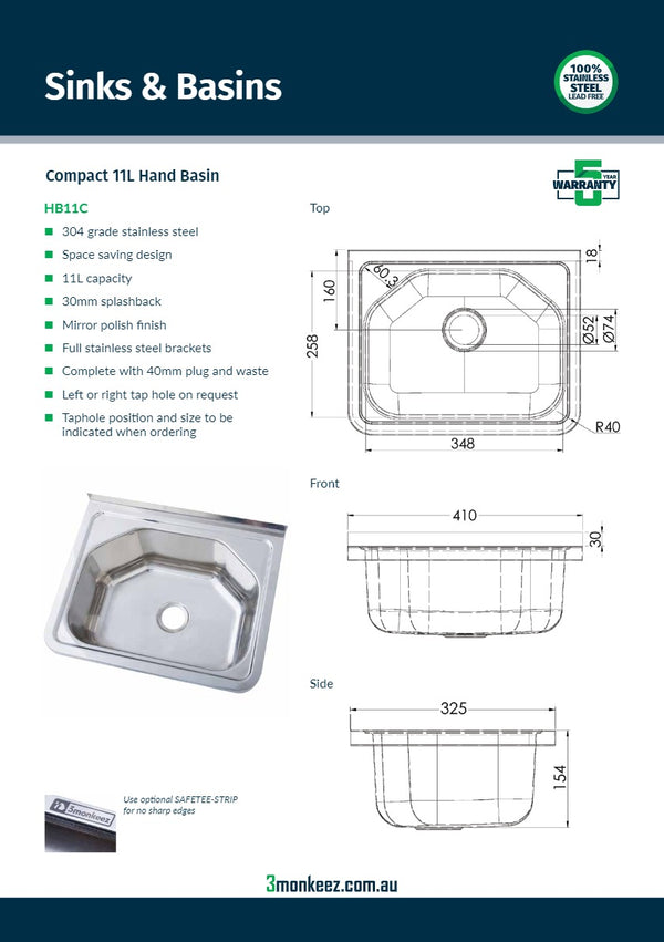 3Monkeez HB11C - Compact Stainless Steel Hand Basin