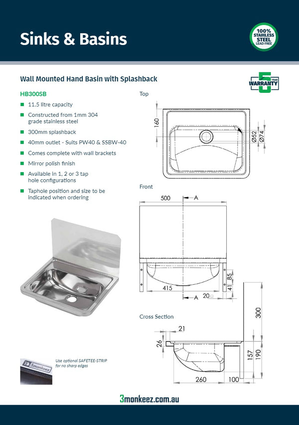 3Monkeez HB300SB - Wall Mounted Hand Basin With Splashback